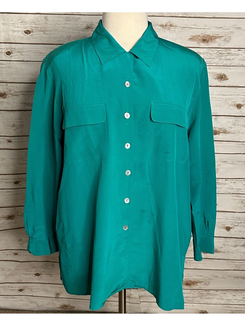 Vintage Silk Land Women blue green long sleeve button-up 100% silk blouse 2X